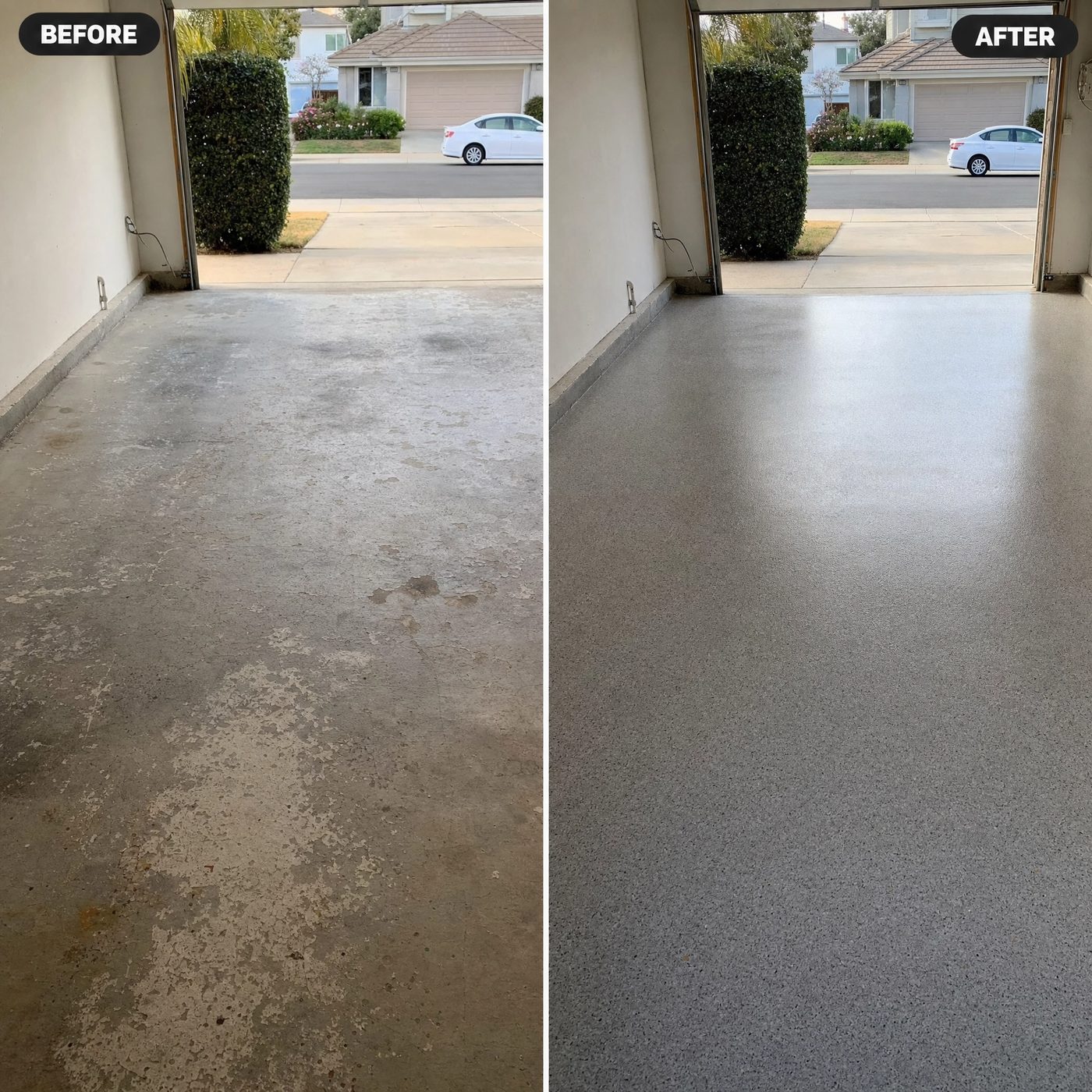 Before and after: a stained concrete floor ground and sealed to a clean finish